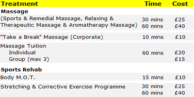 Sports massage and sports injury clinic prices